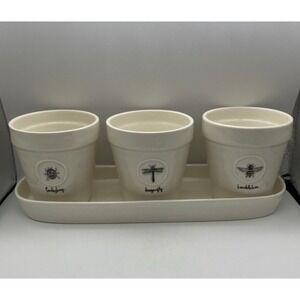 3 White Ceramic Insect Plant Pots & Tray Rae Dunn Magenta Dragonfly Bee Ladybug